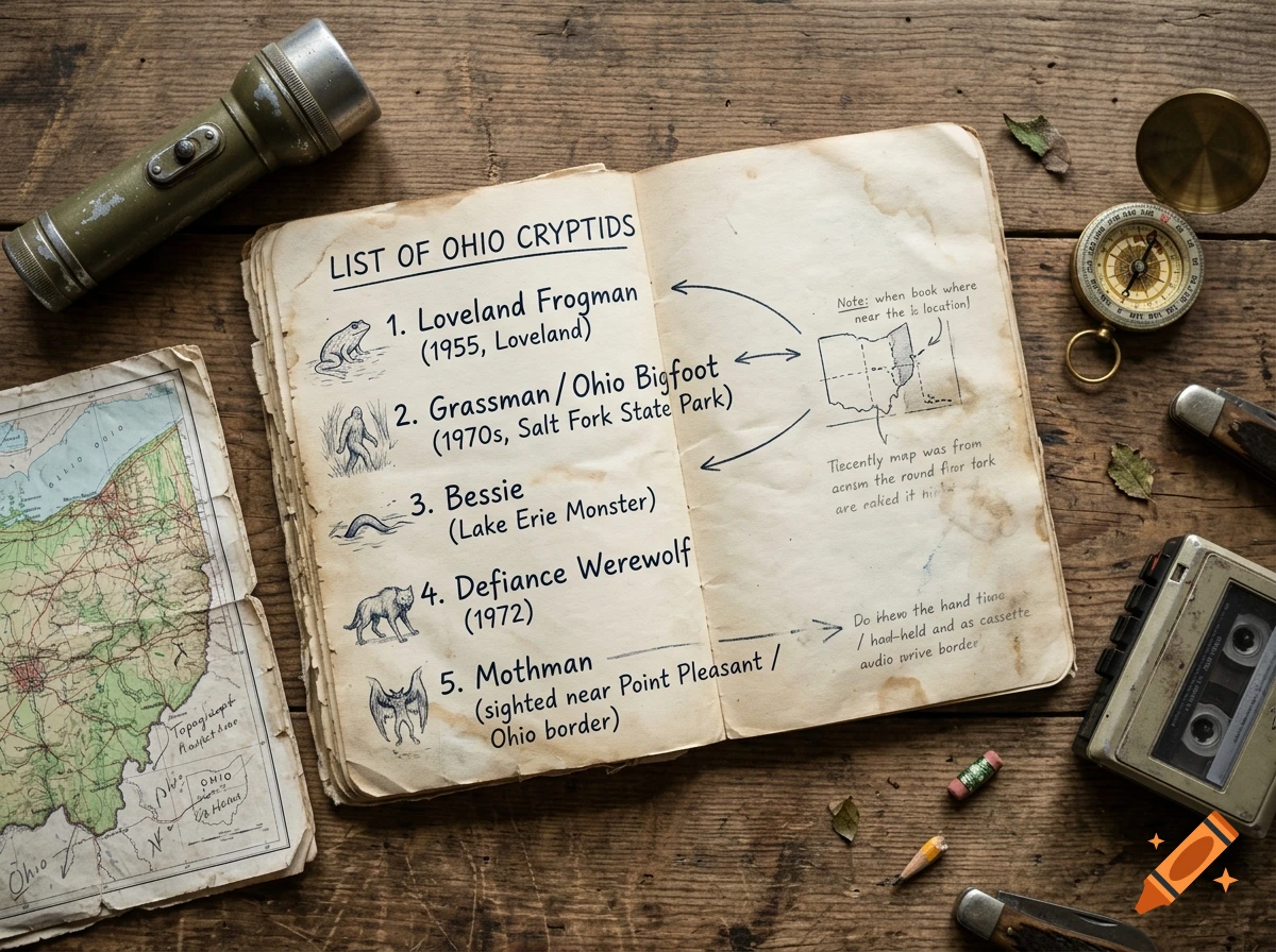 An open vintage book listing Ohio cryptids with illustrations, surrounded by a flashlight, map, compass, and cassette player on a wooden table.