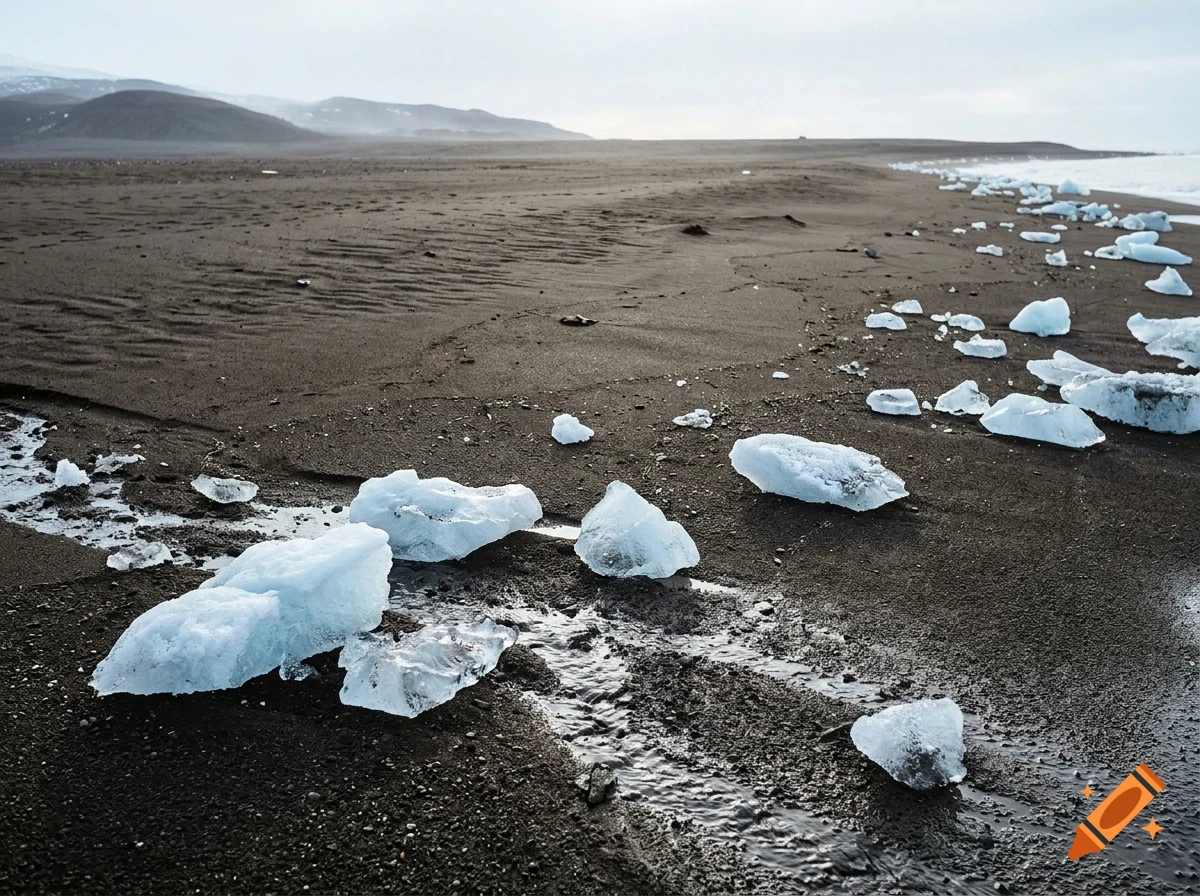 Chunks of ice scattered across a dark sand beach with mountains in the background under an overcast sky.