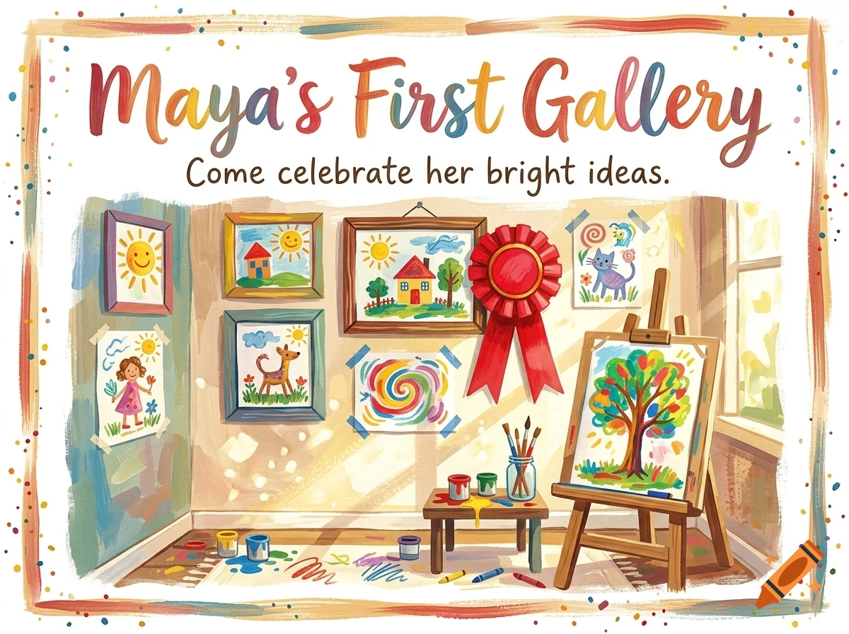 An illustration of a children's art gallery with framed drawings on the wall, an easel holding a painting of a tree, paint supplies, and text reading Maya's First Gallery.