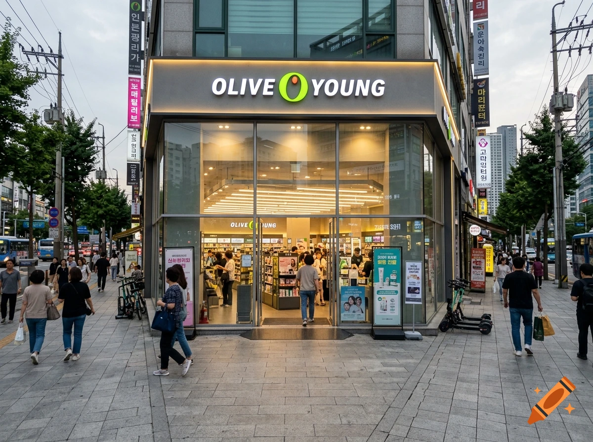 Photorealistic street-level view of an Olive Young store front with large glass windows and glowing signage in a bustling urban area.