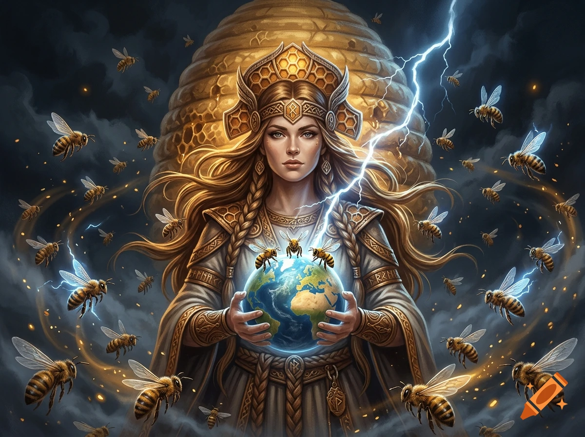 Digital painting of Beyla, Norse goddess of bees, holding the Earth globe with a beehive background and numerous bees flying around.