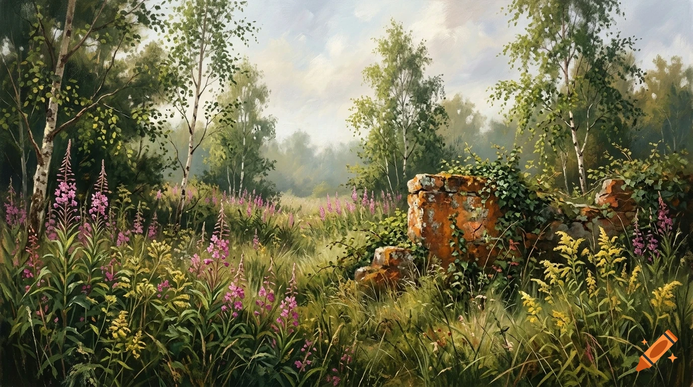 An oil painting depicting a lush forest clearing with tall grass, wildflowers, birch trees, and an old moss-covered stone wall.
