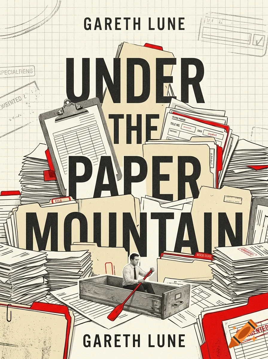 Book cover illustration for Under the Paper Mountain by Gareth Lune, showing a person rowing a small drawer through a mountain of paperwork and files.