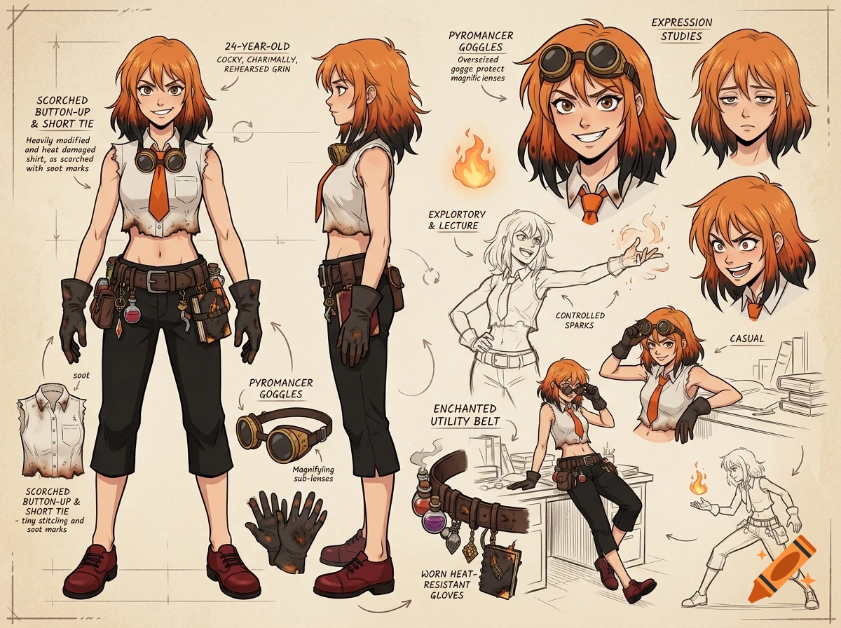 Retro anime-style concept art sheet of a female pyromancer professor's assistant with orange hair, showing turnaround and expressions.