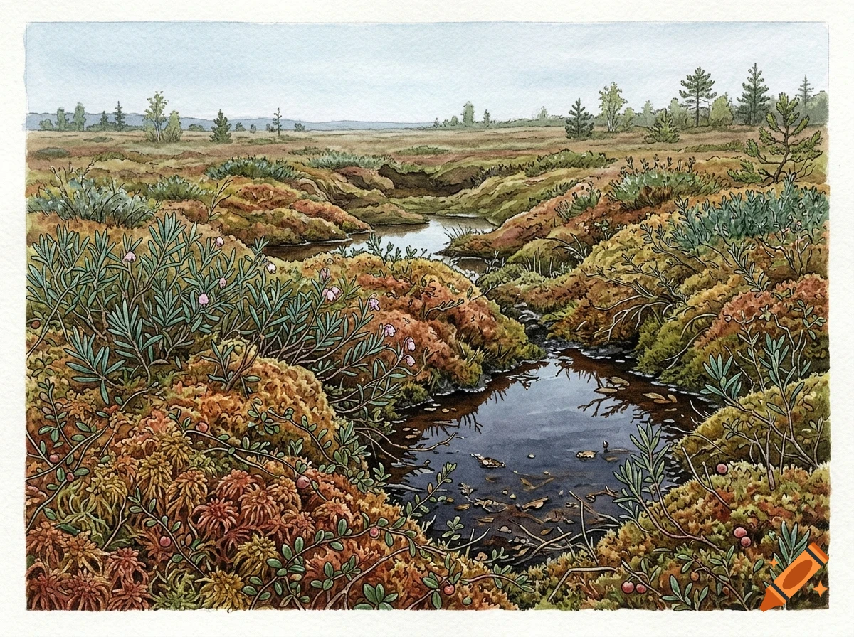Watercolor painting of a peat bog landscape with small pools of water, mosses, low shrubs, and distant trees under an overcast sky.