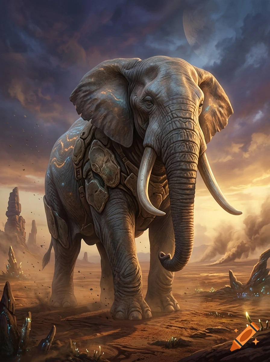 An armored elephant-like creature standing in a desolate, alien landscape with rocky formations and a cloudy sky.
