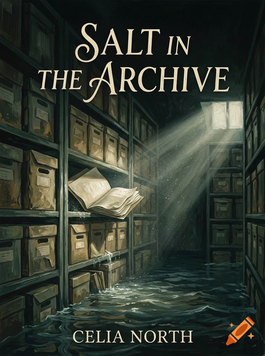 An illustrated book cover depicting a dark, flooded archive room with shelves of storage boxes and an open book floating over water, with light streaming from a high window.