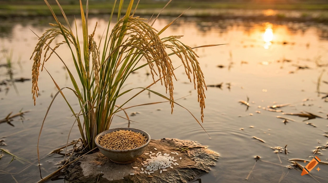 Rice plants and a bowl of rice grains placed on a rock in a shallow water body at sunset.