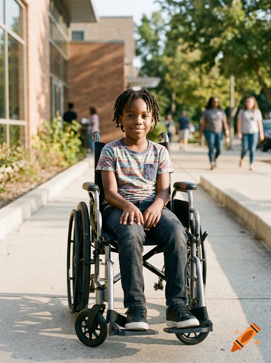 Photorealistic portrait of a young Black child with braided hair smiling while sitting in a wheelchair on a sunny sidewalk.