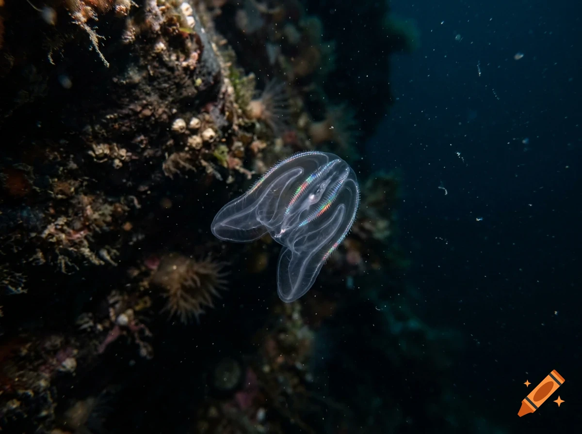 A translucent comb jelly floats in dark water near a rocky reef.