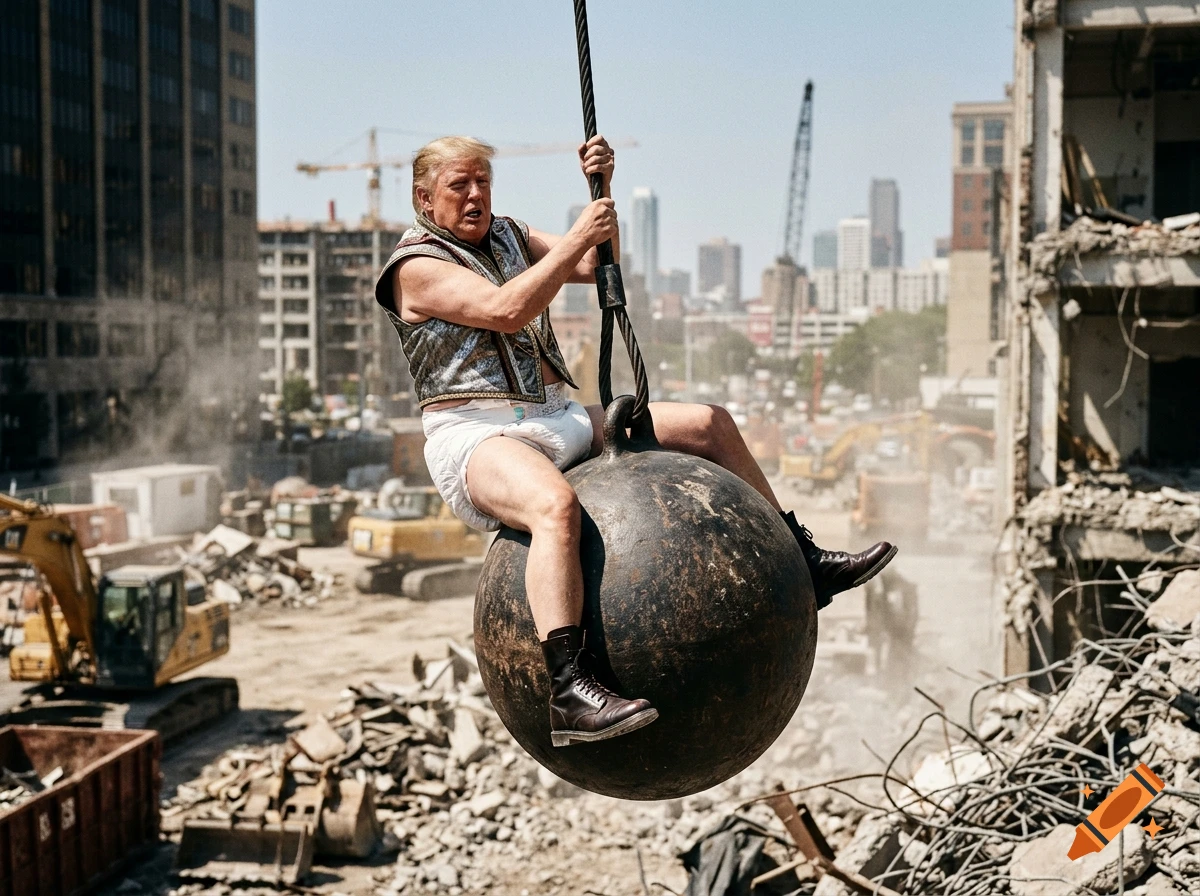 Photorealistic image of Donald Trump wearing a vest and diaper, riding a wrecking ball over a construction site.