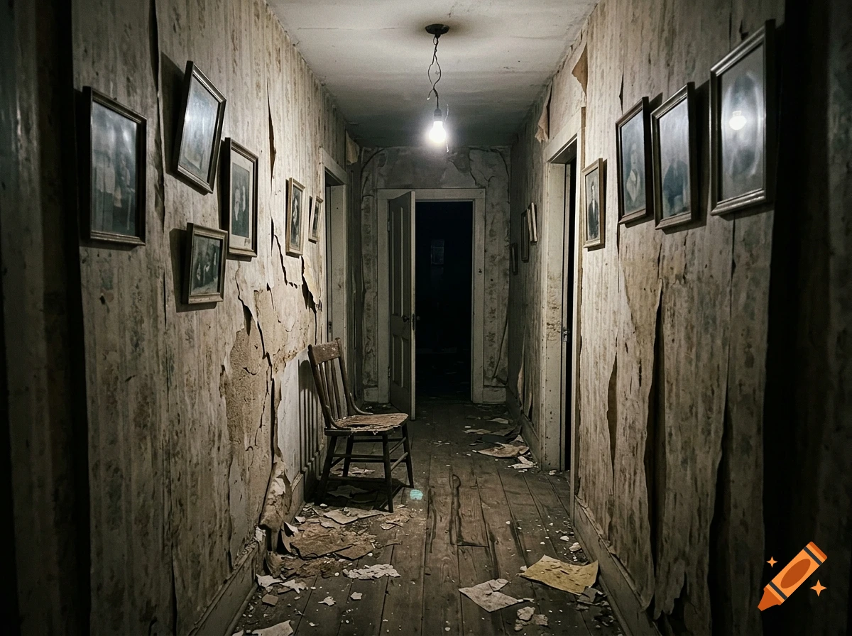 Photorealistic eerie hallway in a dilapidated house with peeling wallpaper, framed pictures on walls, and an old chair.