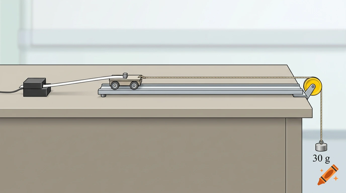 Educational diagram showing a physics experiment with a trolley on a track, connected to a pulley and a 30 g mass.