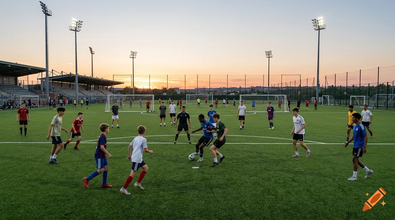 Group of young people playing soccer on an artificial turf field at sunset with stadium lights.