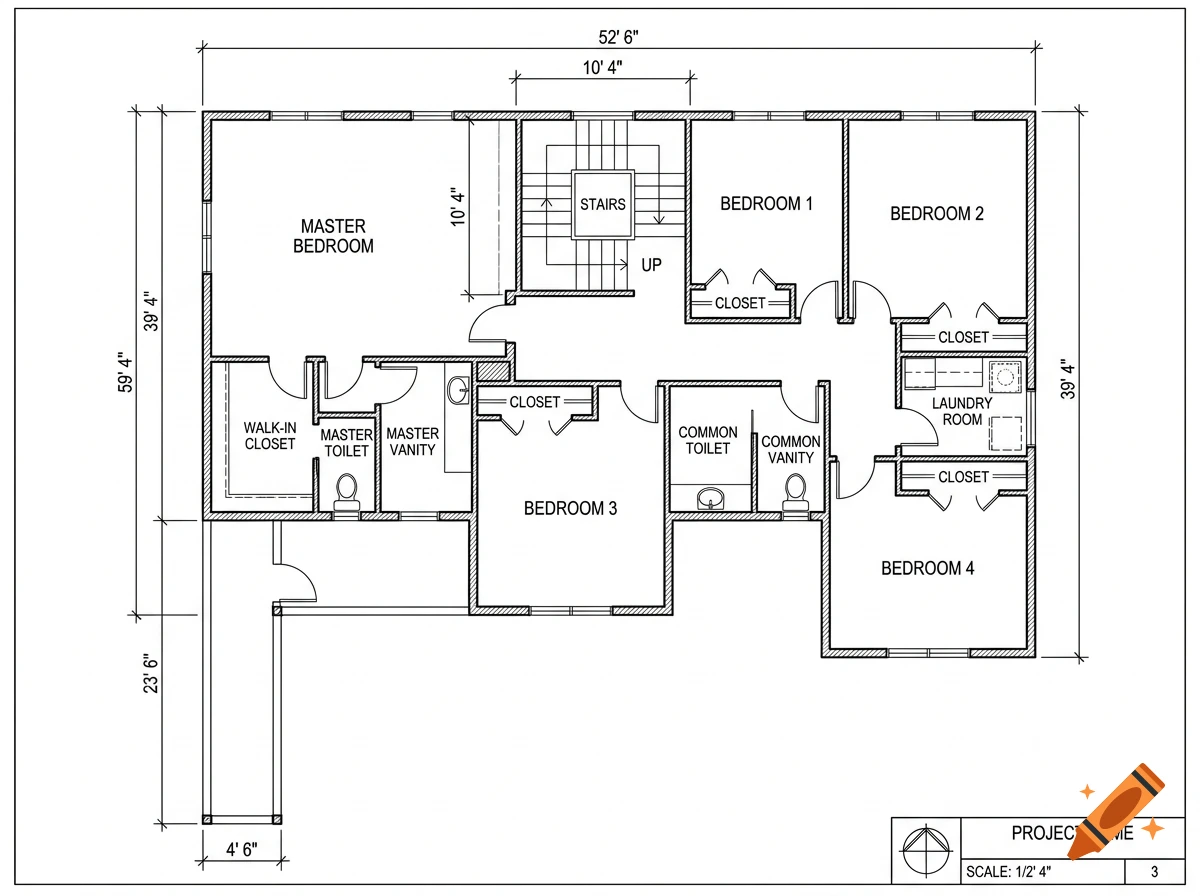 Black and white architectural floor plan of a multi-bedroom house with dimension lines.