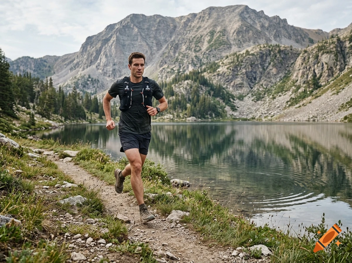 Photorealistic image of a male trail runner running on a dirt path next to a mountain lake with a large mountain in the background.