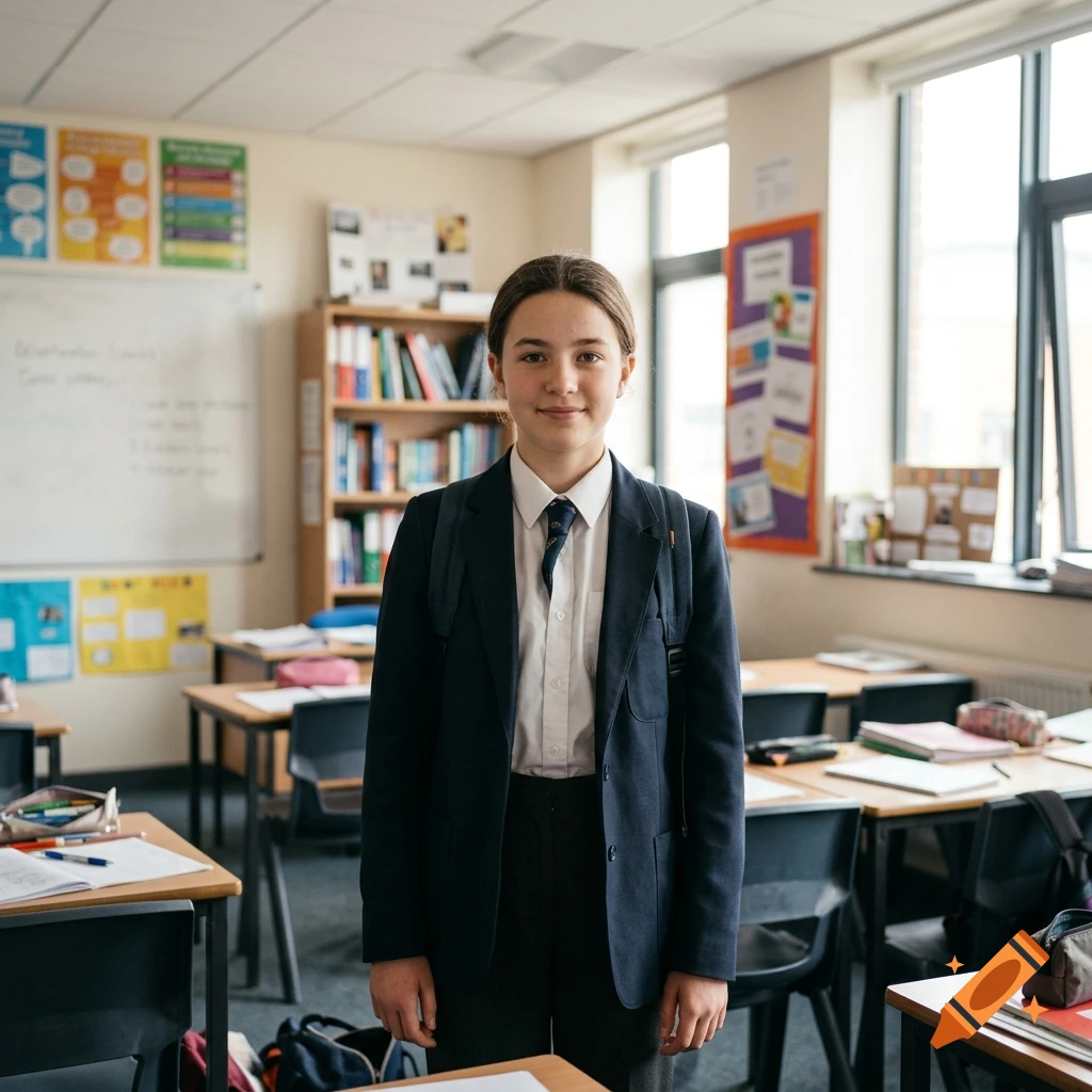 Photorealistic medium shot of a student standing in a classroom wearing a school uniform.