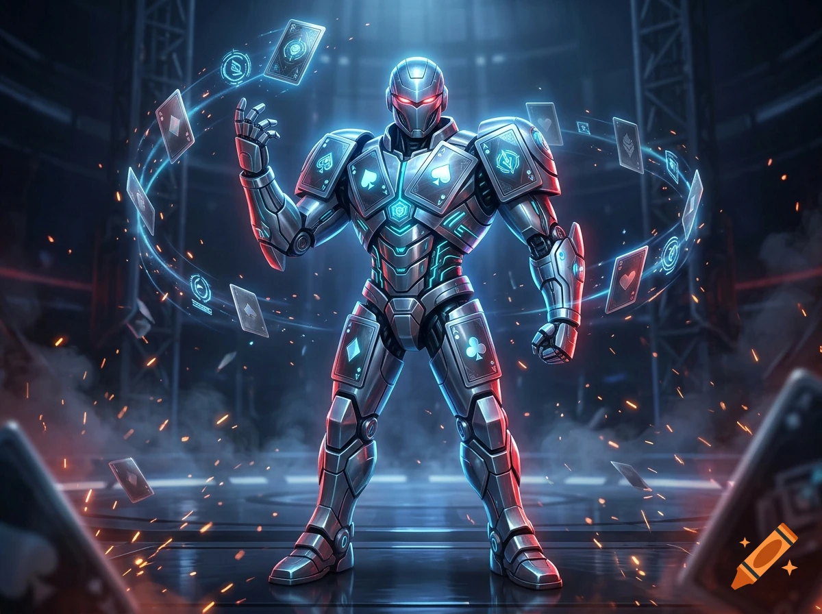 A futuristic metallic robot in a fighting stance surrounded by glowing cards and energy effects in a sci-fi arena.