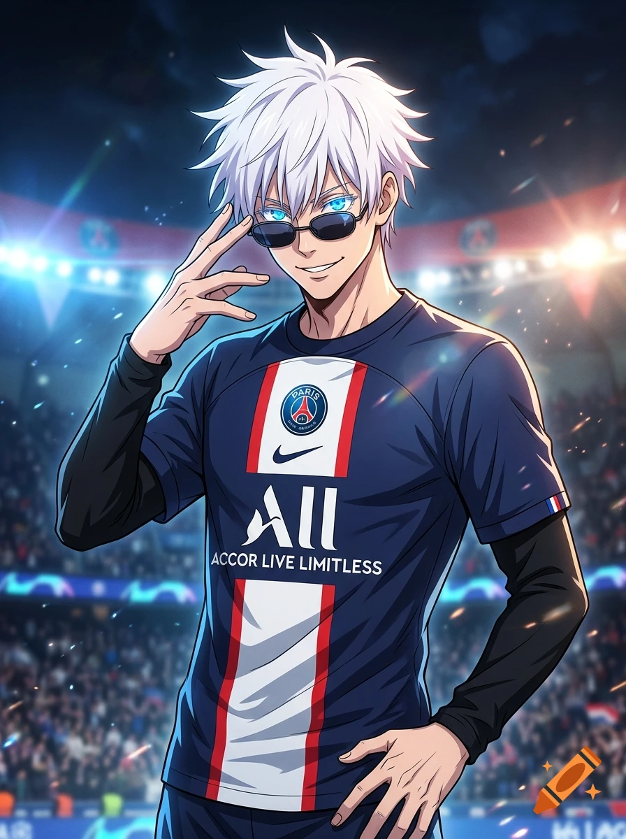 Anime illustration of Satoru Gojo wearing a PSG soccer jersey in a crowded stadium.