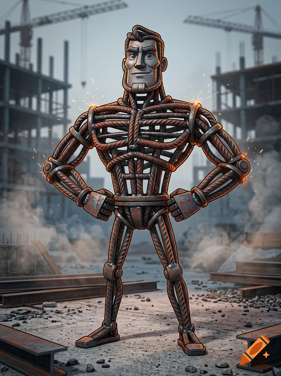 Cartoon man made of interlocking rebar standing with hands on hips in a construction site.