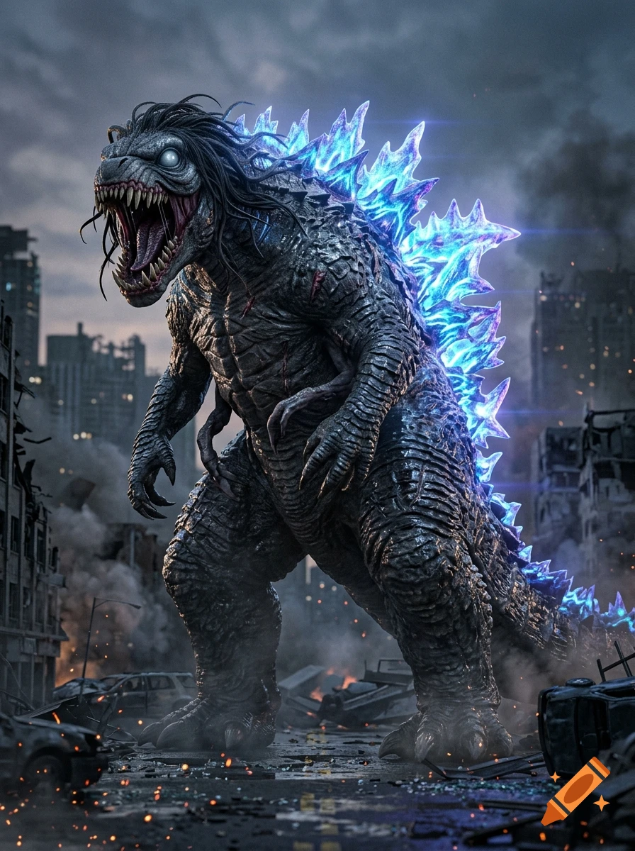 Photorealistic monster resembling Godzilla with glowing blue spikes and dark hair standing in a ruined city street.
