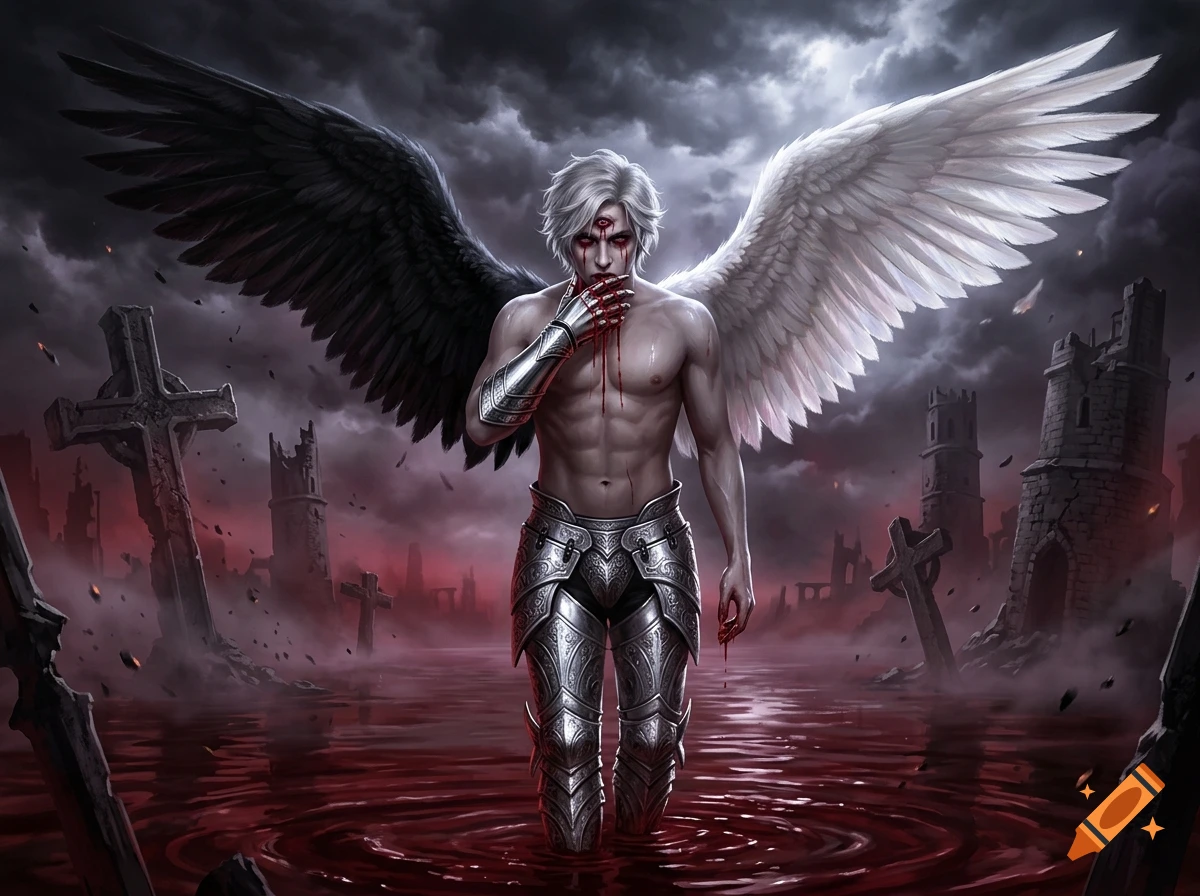 Digital painting of a shirtless male fallen angel with one black wing and one white wing, standing in a river of blood.