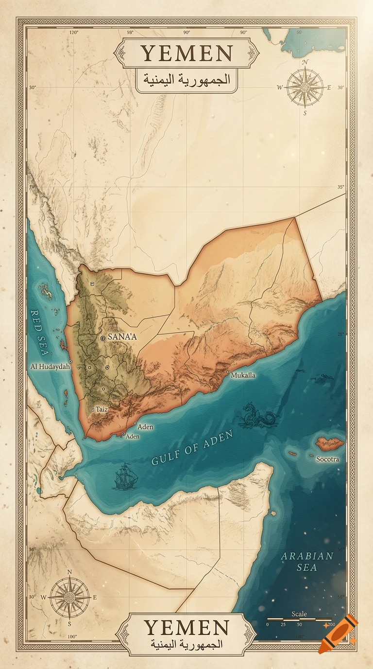 Vintage styled map of Yemen showing topographical details, surrounding seas, and compass roses.