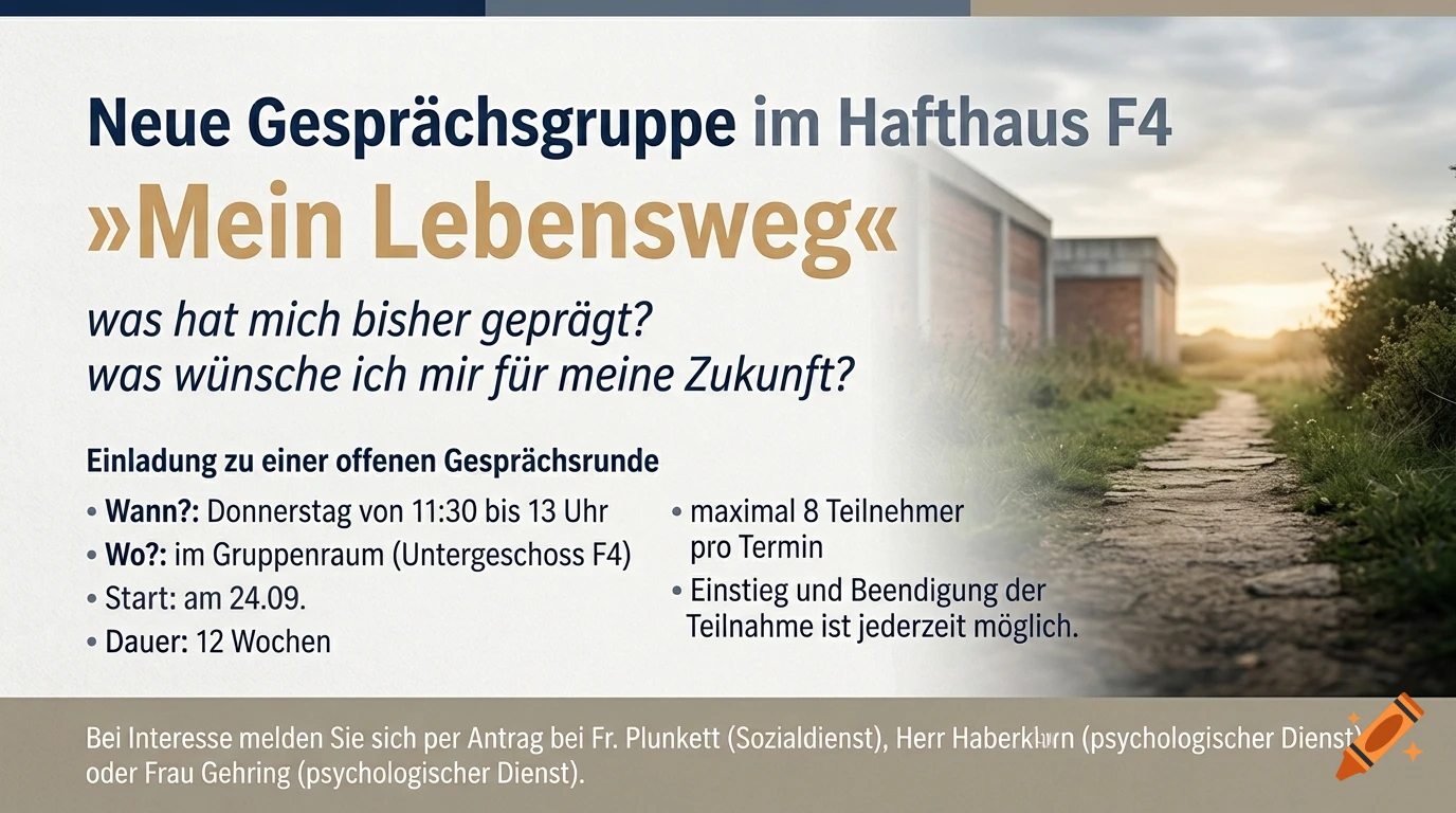Flyer for a conversation group in a prison facility with text in German and a path in nature background.