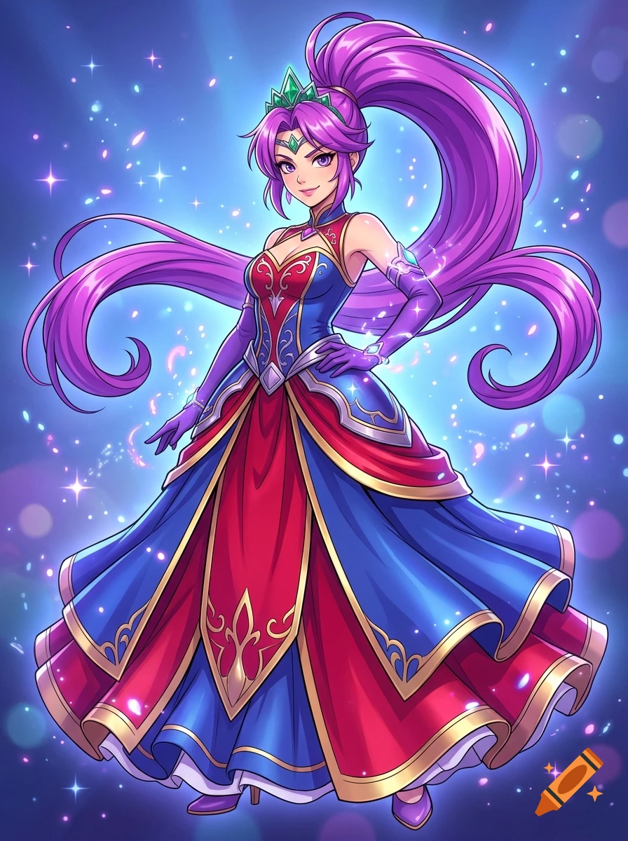 Anime style illustration of a female character with bright purple hair in a high ponytail, wearing a large blue and red princess dress with a green tiara.