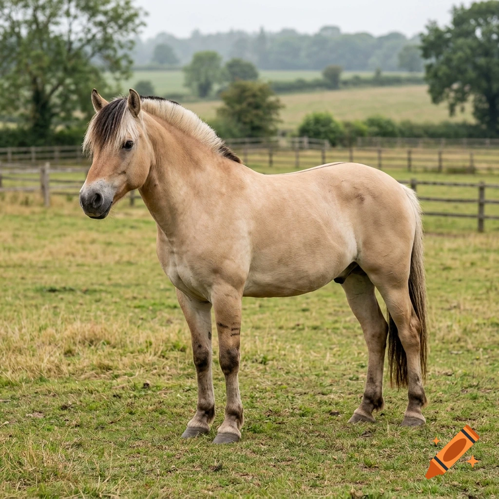 Photorealistic Fjord cross horse standing in a grassy field with a wooden fence and trees in the background.
