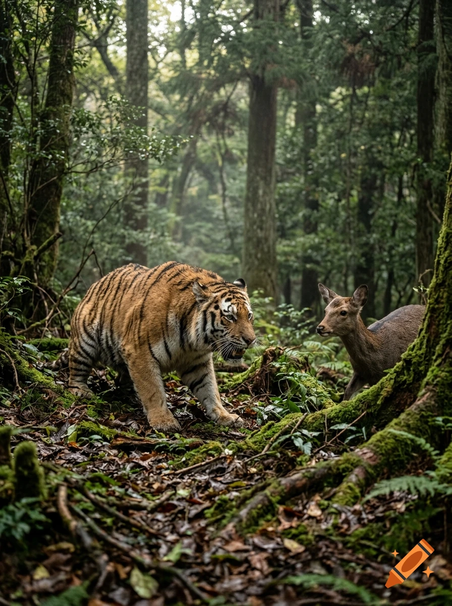 A tiger stalking a small deer in a dense, mossy forest.