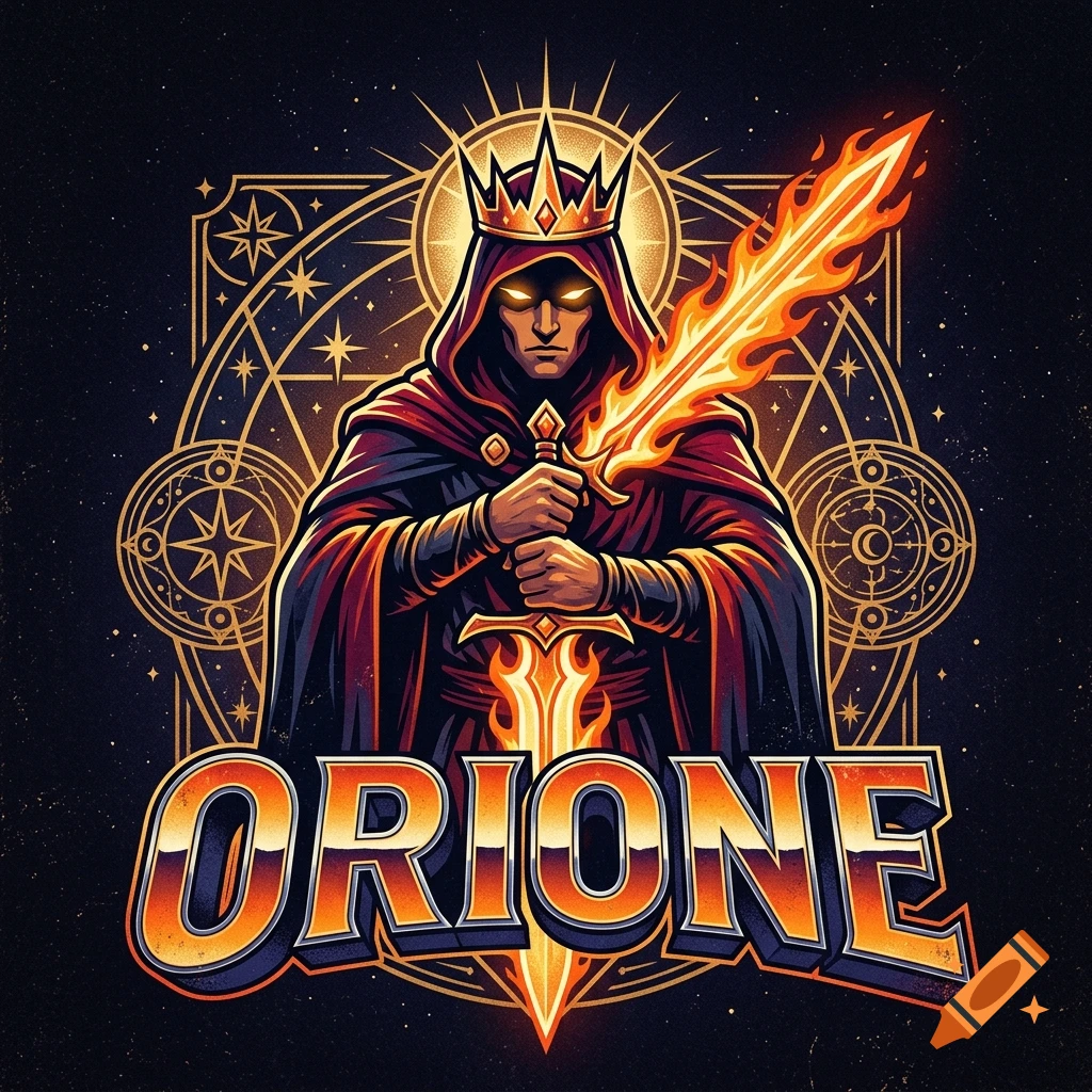 Retro video game style logo of a hooded figure wearing a crown and holding a flaming sword with the text ORIONE.