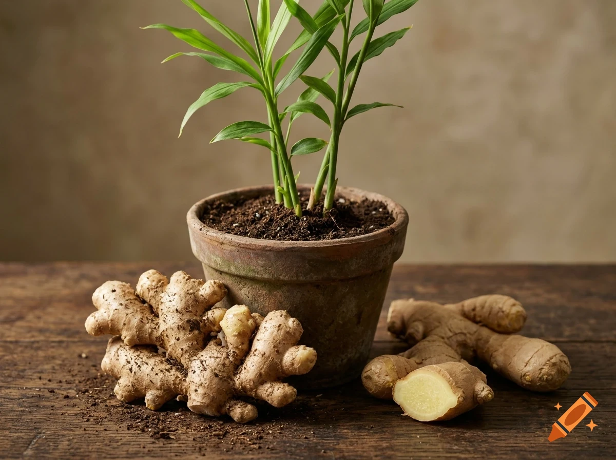 A potted ginger plant with green stalks sits on a wooden table alongside fresh ginger roots.