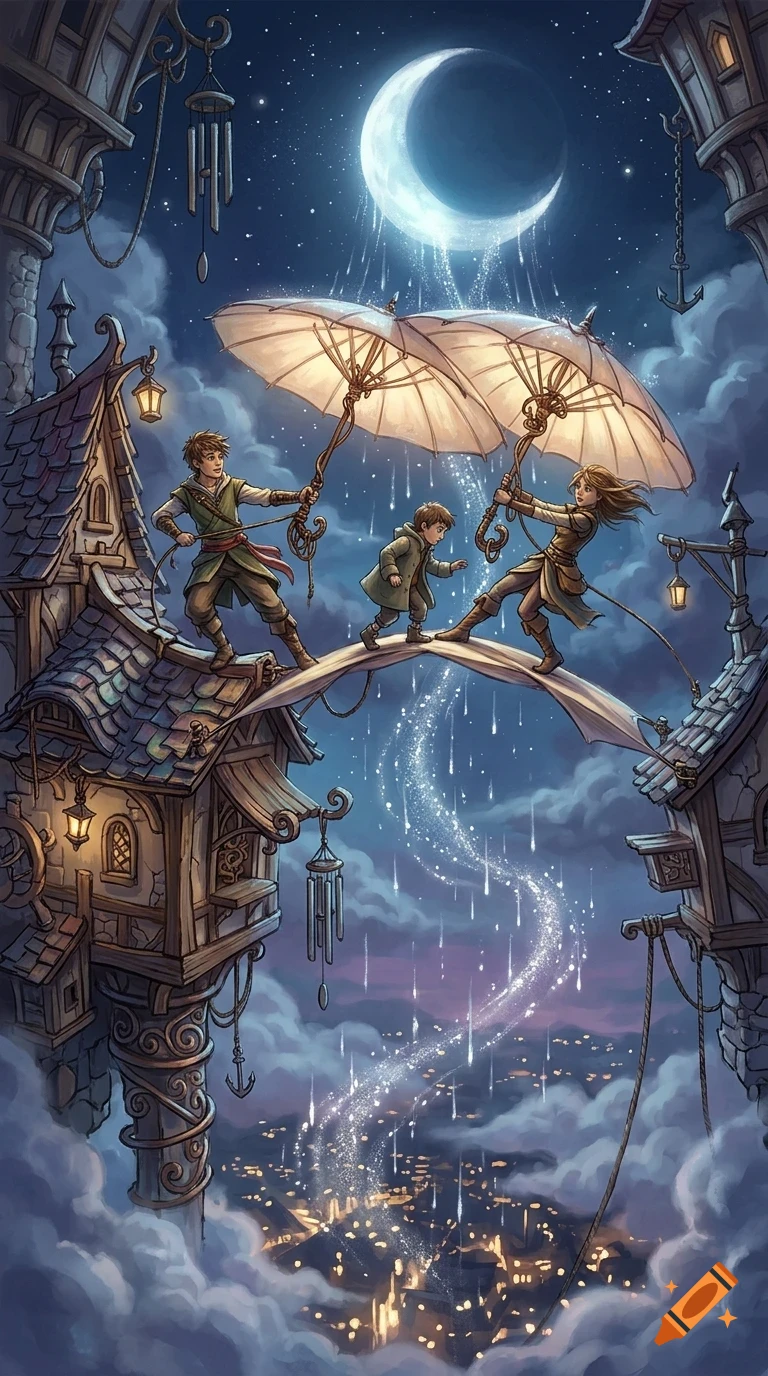 Three children balancing on a suspension bridge between fantasy rooftops at night under a crescent moon, holding glowing umbrellas with magical dust falling.