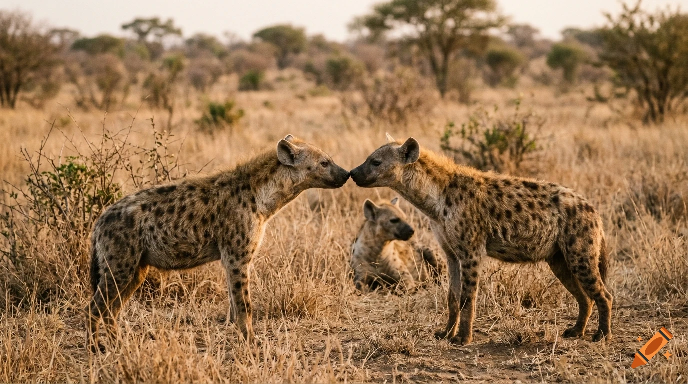 Three spotted hyenas in a dry grassland with scattered trees.