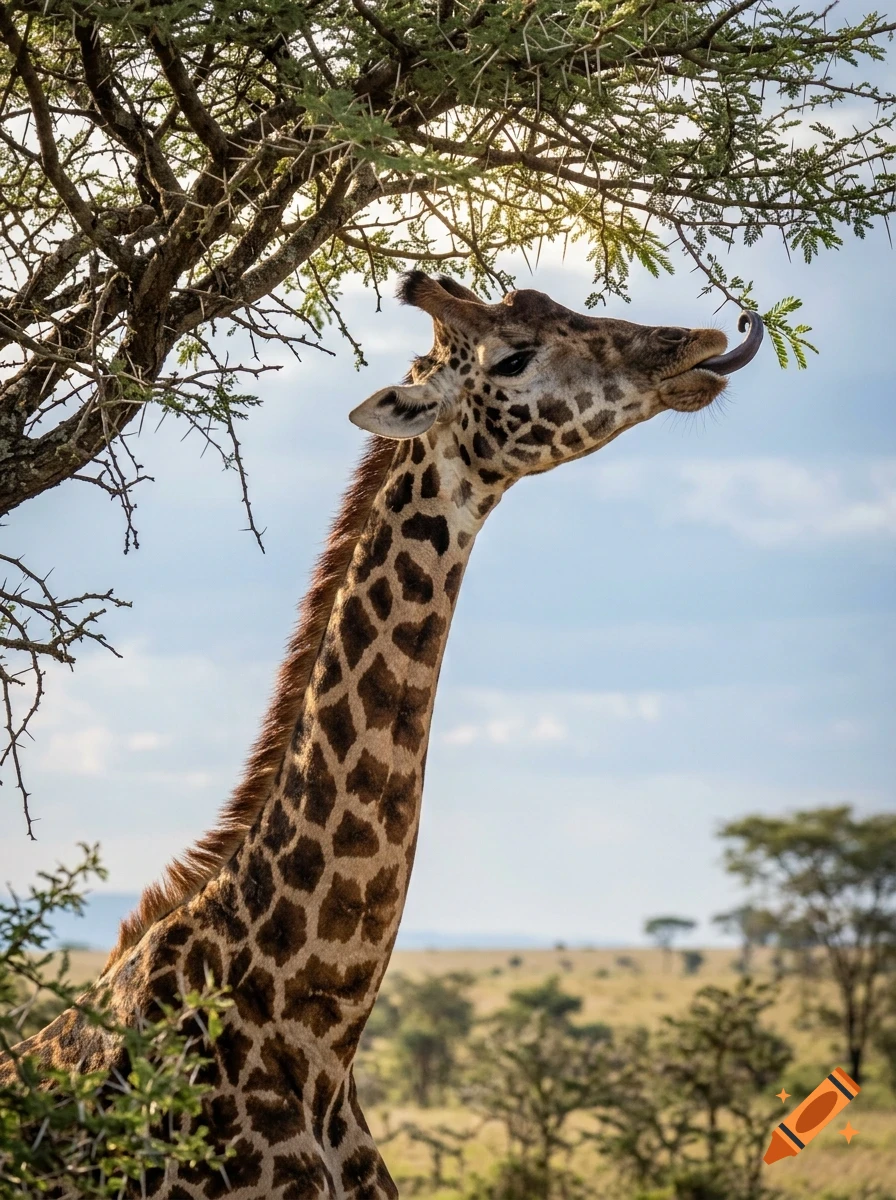 A giraffe reaches up to feed on leaves from an acacia tree in a savanna landscape.
