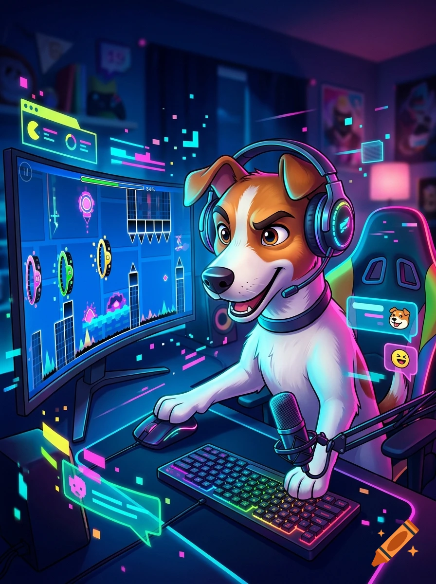 Digital illustration of an anthropomorphic Jack Russell Terrier wearing headphones and playing a video game at a glowing neon desk.