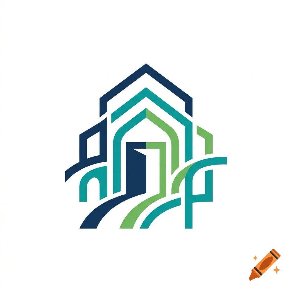 Minimalist geometric logo of a building with an open door in blue and green shades.
