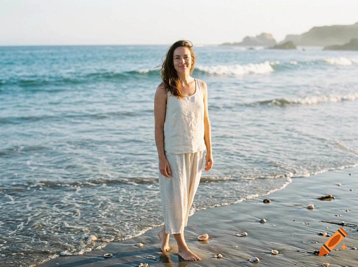 Photorealistic image of a smiling woman standing on a sandy beach by the ocean, wearing a light linen outfit.