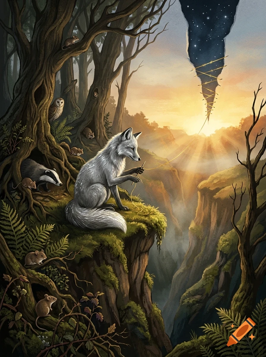 A white fox sits on a cliff edge at sunset, sewing a tear in the sky with a needle and thread, surrounded by forest animals.