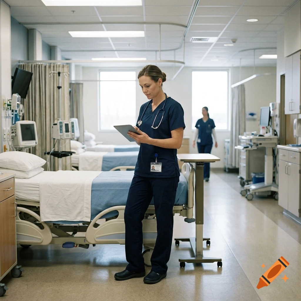 Photorealistic image of a female nurse standing in a hospital ward, looking at a tablet while holding a stethoscope.