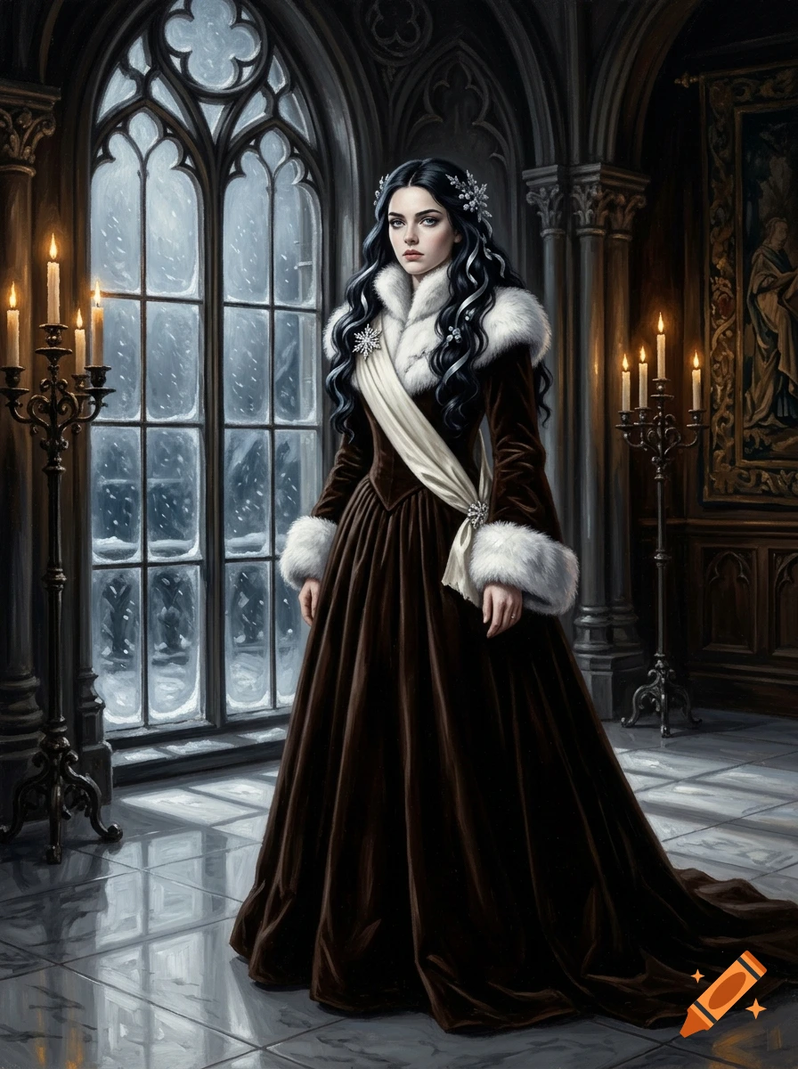 Oil painting portrait of a young princess in a dark velvet winter gown with fur trim, standing in a gothic hall.