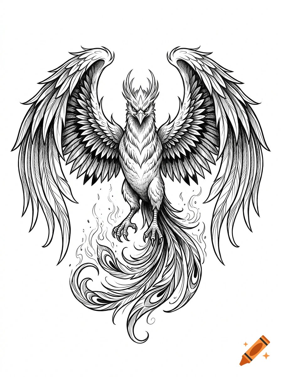 Black and white ink sketch of a phoenix with open wings and detailed tail feathers.