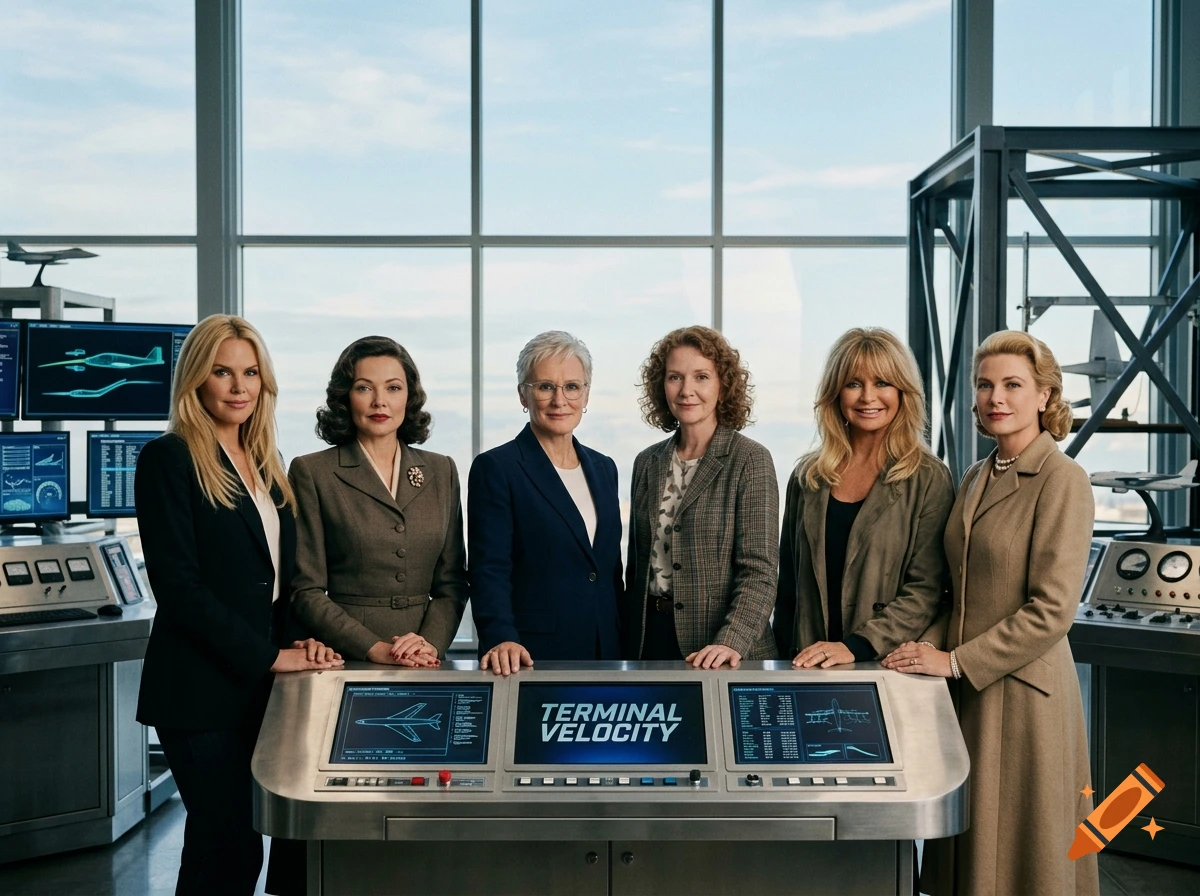 Photorealistic group portrait of six women standing behind a futuristic control console with a screen that reads TERMINAL VELOCITY.