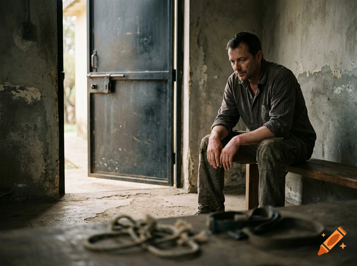 Photorealistic scene of a weary man sitting on a bench in a weathered concrete room with an open heavy door.