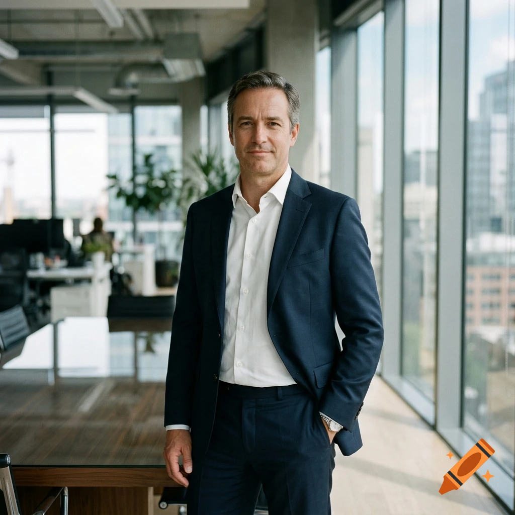 Photorealistic portrait of a businessman in a suit standing in a modern office with large windows.