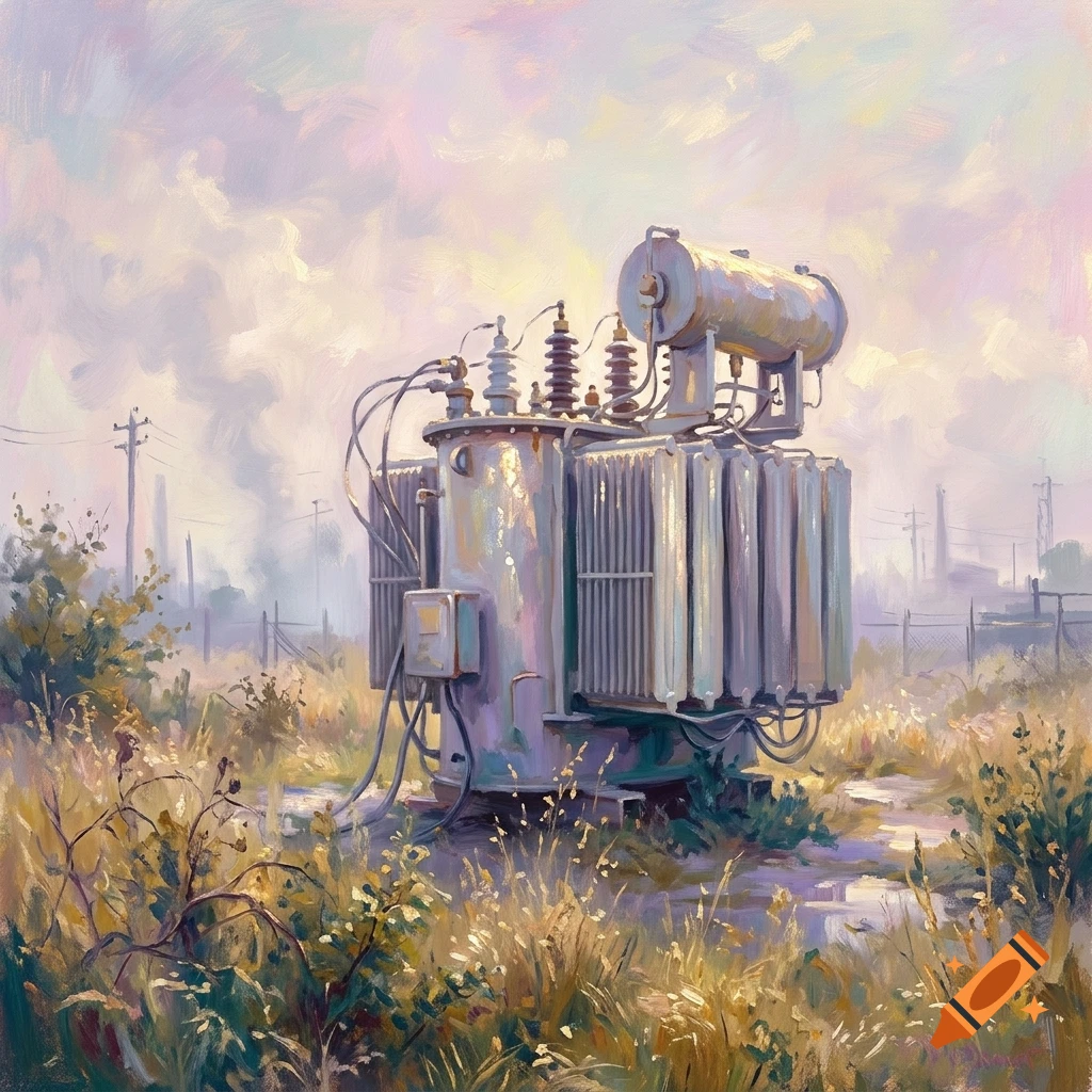 An impressionist oil painting of an electrical power transformer in a field under a pastel sky.
