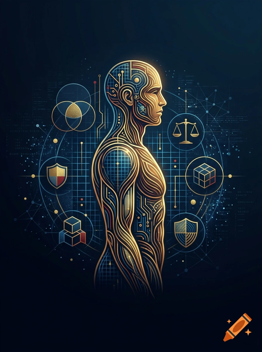 Stylized digital illustration of a human silhouette intertwined with circuit patterns and corporate governance symbols.
