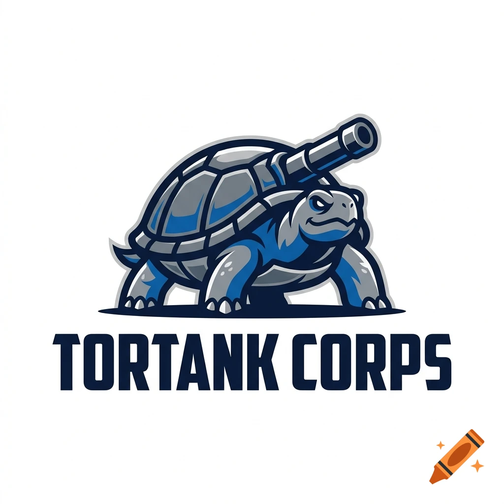 Esports style logo of a blue and grey turtle with a tank cannon on its shell, with the text TORTANK CORPS below.