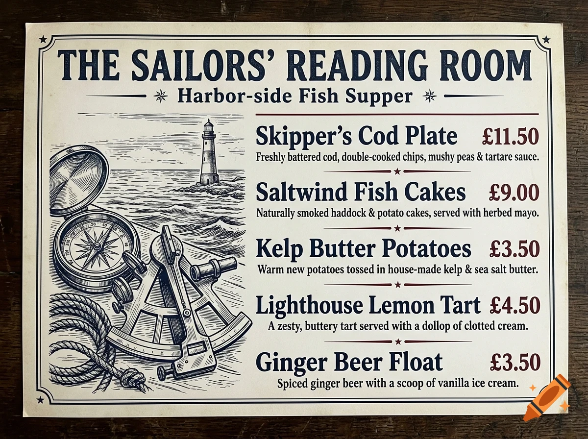 A vintage-style menu for The Sailors' Reading Room featuring a seafood selection, illustrated with a compass, sextant, rope, and a distant lighthouse.